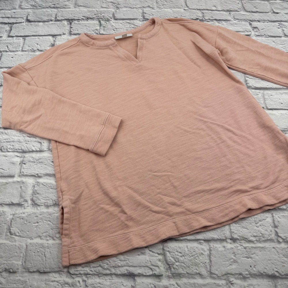 Pure Jill Pink French Terry Pullover Organic Cotton Split Neck Sweatshirt M
